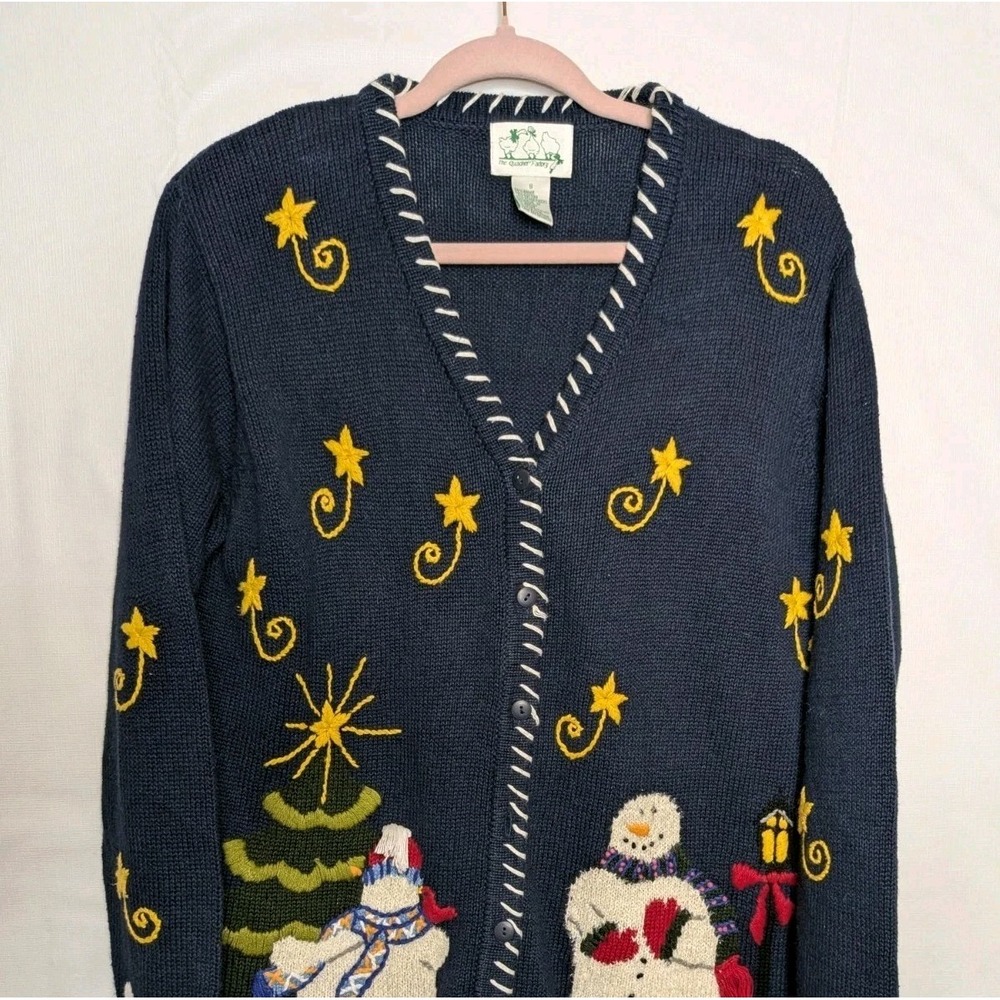 Vtg 90s The Quacker Factory Cardigan Snowman‎ Winter Bell Ramie Sweater Small